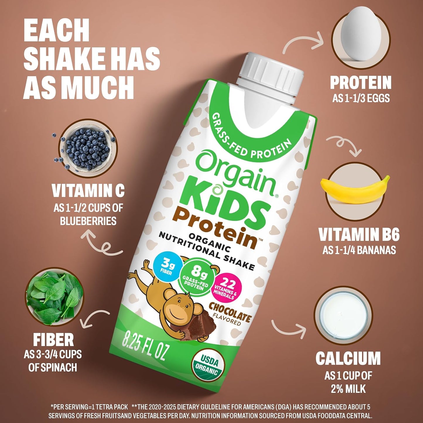 Orgain Organic Kids Dairy 8g Protein Shake, Chocolate, 8.25 oz, 12pk | Nutritional drink, grass-fed protein, 22 vitamins & minerals, 3g fiber, non-GMO, no soy, healthy snack for picky eaters