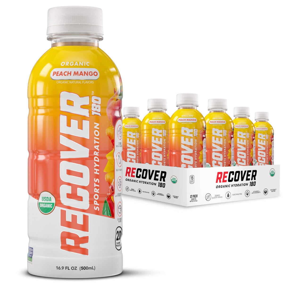 RECOVER 180 Organic Sports Hydration Drink, No Sugar Added, 20 Calorie Sports Beverage, Organic Flavors With Vitamins, Potassium-Packed Electrolytes (16.9 Fl Oz (Pack of 12), Variety Pack)