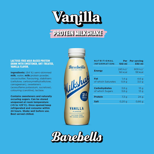 Barebells Milkshake - Batido Proteinas - 24g Proteina x Batido - Sin Lactosa - Sin Gluten - Sin Azúcares Añadidos - Vainilla - Pack 8 Batidos x 330ml