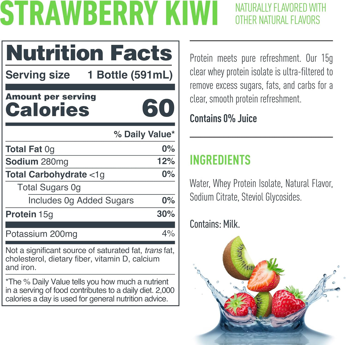 Isopure Clear Protein Water with Electrolytes, 15g Whey Protein Isolate, Zero Sugar, Strawberry Kiwi, 20 fl oz, 12-Pack