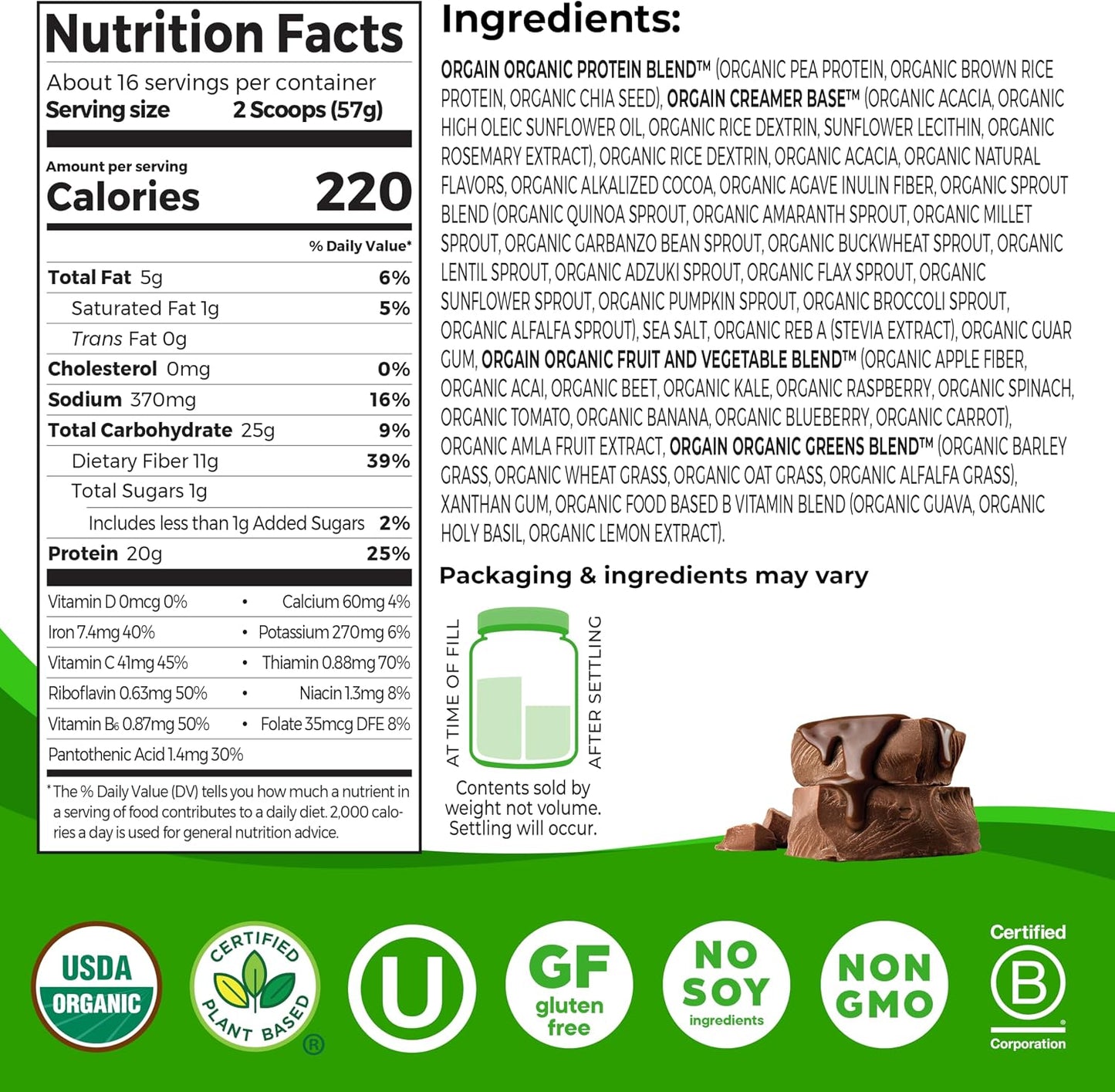 Orgain Organic 20g Meal Protein Powder, Vegan, Chocolate Fudge, 2.01 lb | Meal replacement, plant based protein, 7g prebiotic fiber, fruits, vegetables, & greens, gluten free, for shakes & smoothies