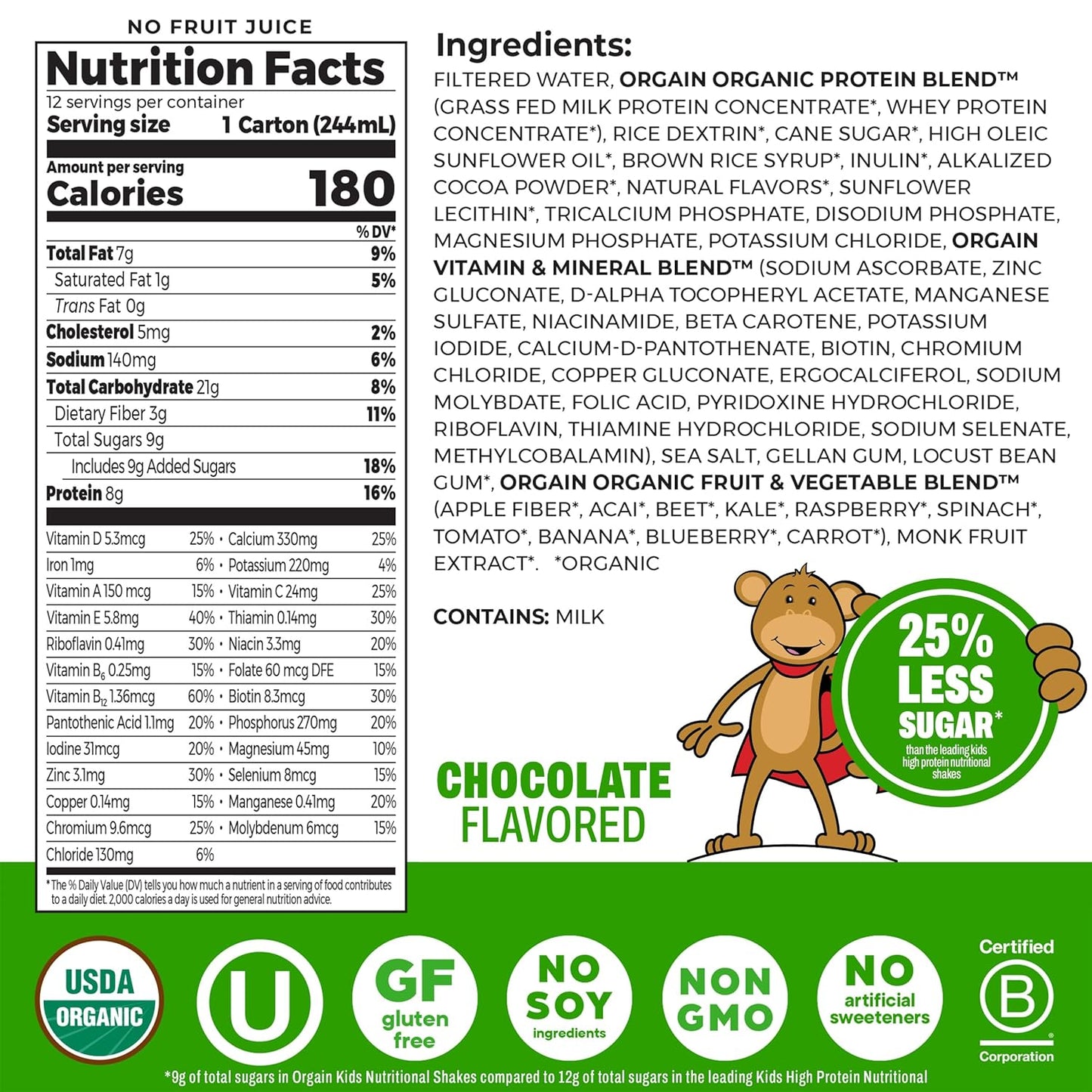 Orgain Organic Kids Dairy 8g Protein Shake, Chocolate, 8.25 oz, 12pk | Nutritional drink, grass-fed protein, 22 vitamins & minerals, 3g fiber, non-GMO, no soy, healthy snack for picky eaters