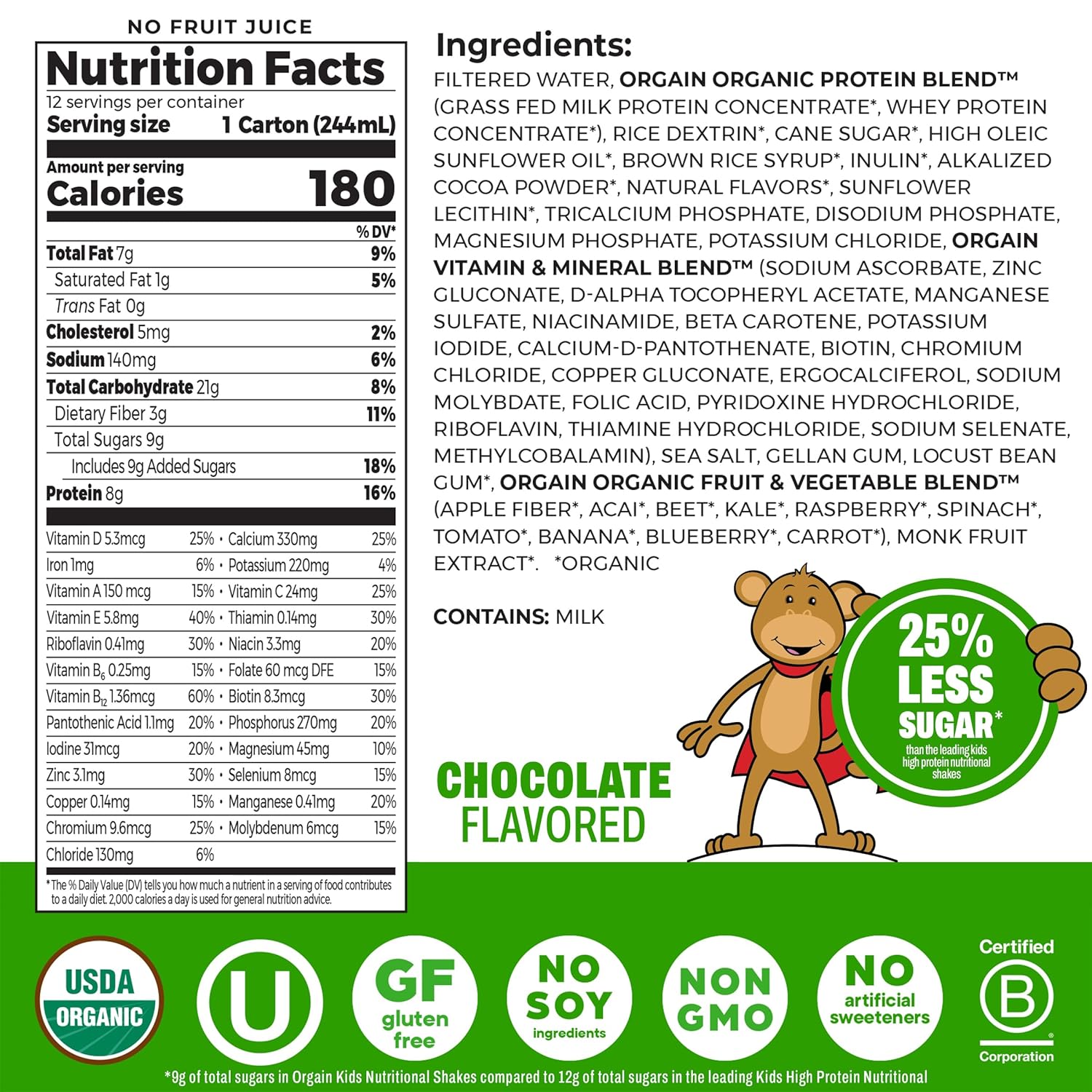Orgain Organic Kids Dairy 8g Protein Shake, Chocolate, 8.25 oz, 12pk | Nutritional drink, grass-fed protein, 22 vitamins & minerals, 3g fiber, non-GMO, no soy, healthy snack for picky eaters
